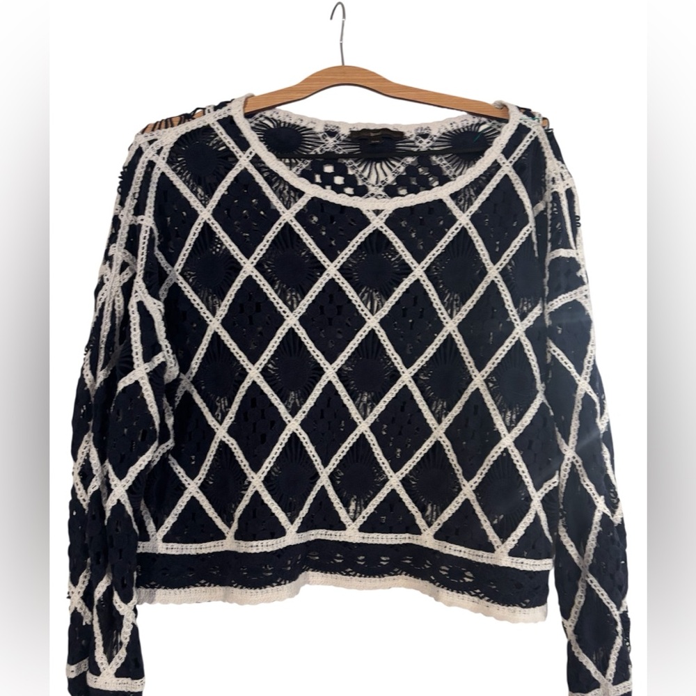 hazel Navy Blue Crochet Sweater with Cream Diamond Lattice